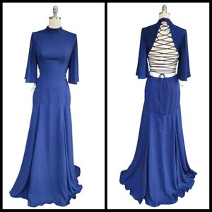 Fame And Partners BlueBell Maxi Dress Gown Tie Back Cutout Flare 6 S